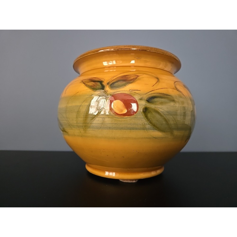 Vtg Ceramic Pottery Cache Pot Planter Vase Glazed Painted Yellow Floral